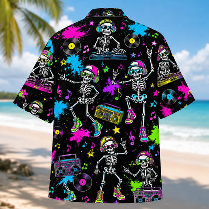 Back view of black Hawaiian shirt featuring dancing skeleton DJs and neon music artwork