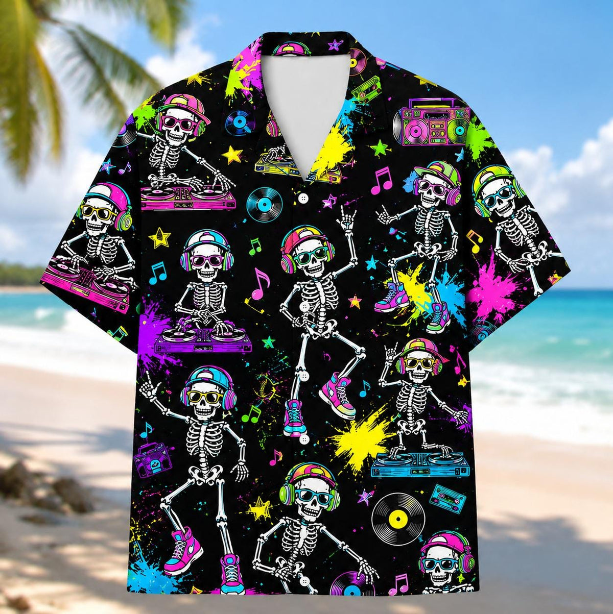 Front view of colorful skeleton DJ Hawaiian shirt with short sleeves and button-front collar