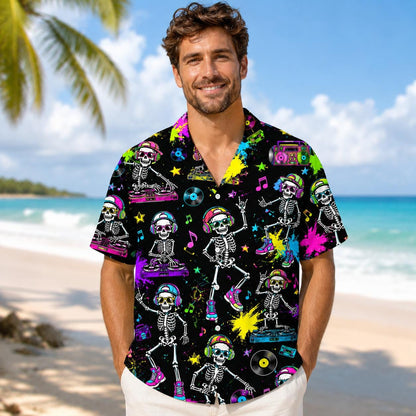 Man modeling a colorful skeleton music Hawaiian shirt from the front