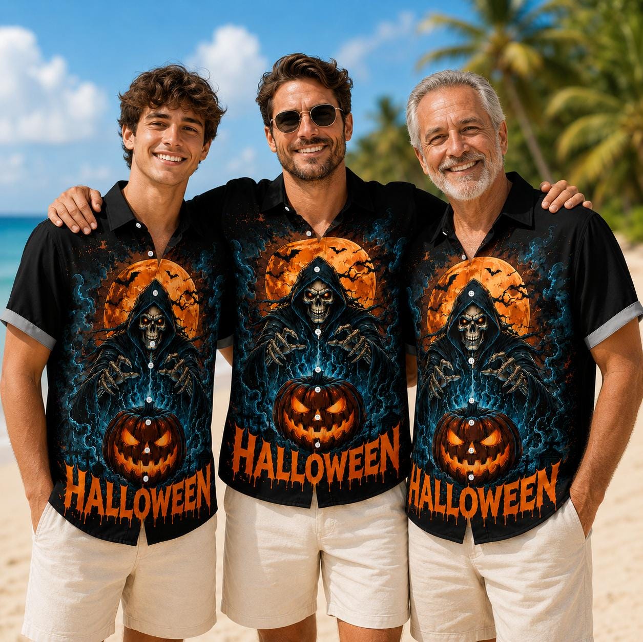 Group wearing matching black Halloween shirts with grim reaper and jack-o-lantern designs