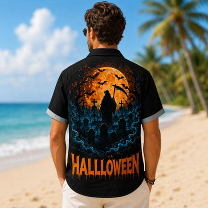 Back view of a Halloween shirt showing a reaper, tombstones, bats, and orange moon