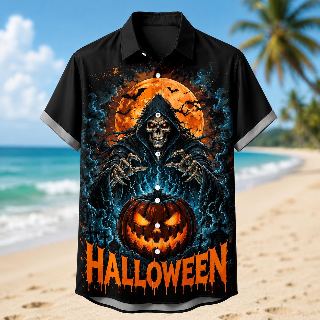 Back of a black Halloween shirt featuring a grim reaper in a moonlit graveyard