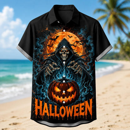 Back of a black Halloween shirt featuring a grim reaper in a moonlit graveyard