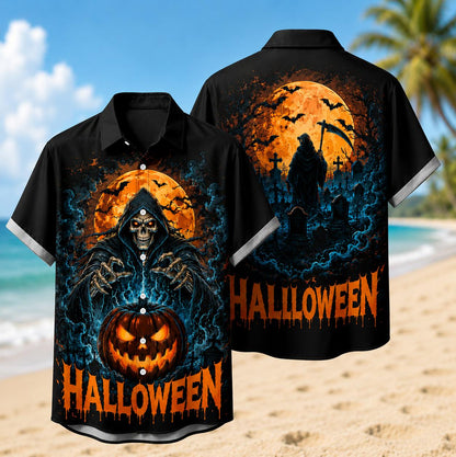 Front of a black Halloween Hawaiian shirt with grim reaper and glowing jack-o-lantern artwork