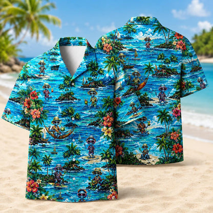 Front and back view of a colorful tropical Hawaiian shirt with ocean islands, palm trees, flowers, and illustrated characters