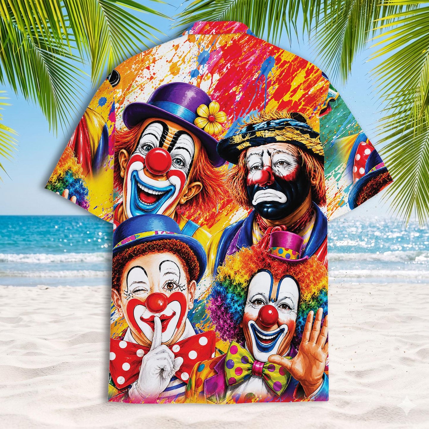Bold clown portrait shirt displayed against a sunny beach background