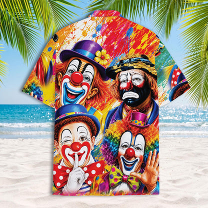 Bold clown portrait shirt displayed against a sunny beach background