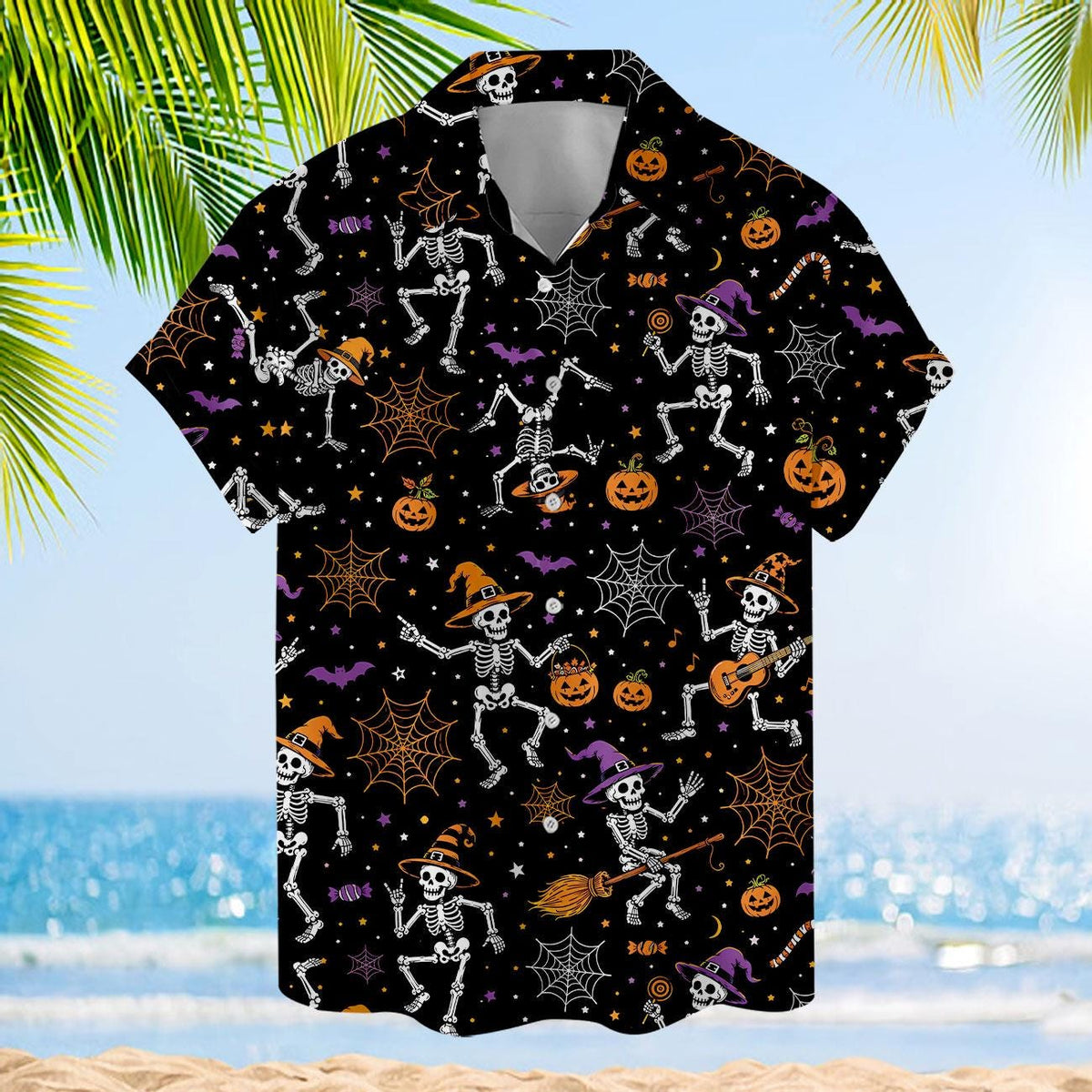 Black Halloween Hawaiian shirt displayed against a tropical beach scene