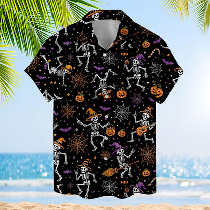 Black Halloween Hawaiian shirt displayed against a tropical beach scene