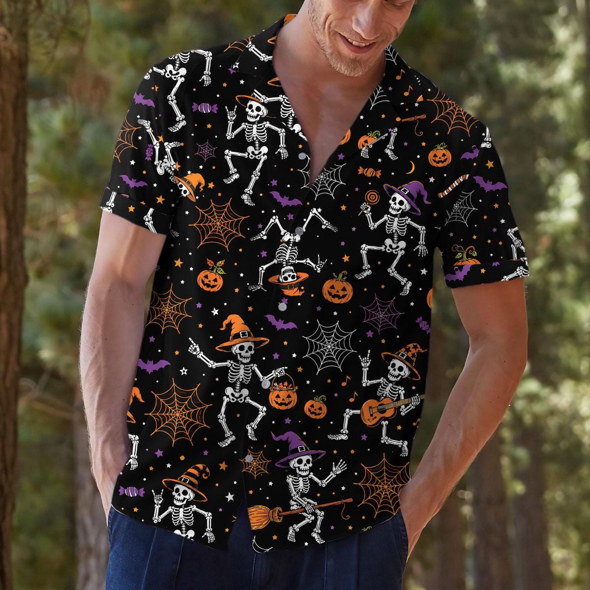 Model wearing a festive skeleton Halloween shirt outdoors
