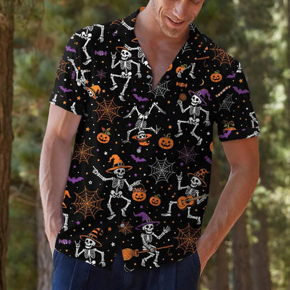 Model wearing a festive skeleton Halloween shirt outdoors