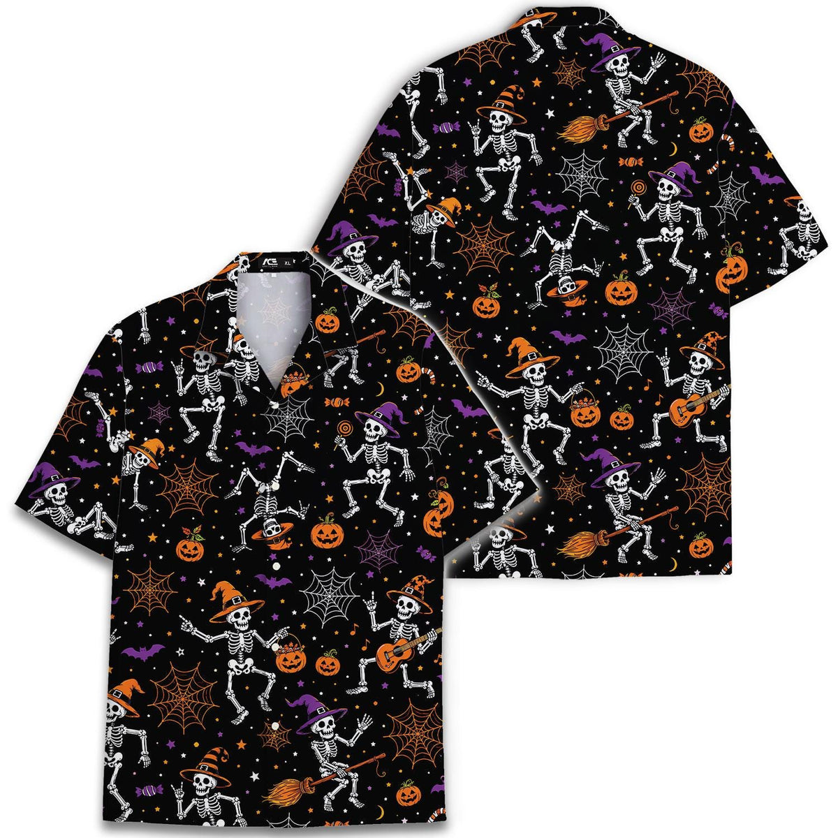 Front and back views of a black skeleton Halloween Hawaiian shirt with orange and purple details