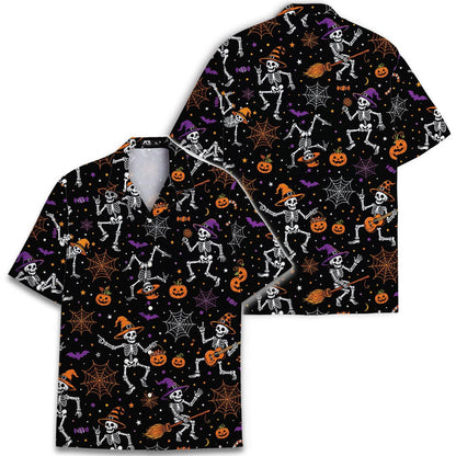 Front and back views of a black skeleton Halloween Hawaiian shirt with orange and purple details