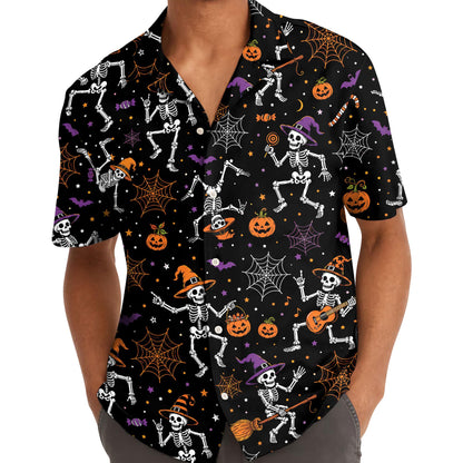 Model wearing a black skeleton, pumpkin and spiderweb Hawaiian shirt