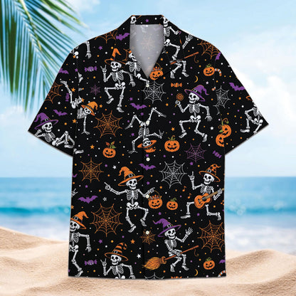 Black Halloween Hawaiian shirt with dancing skeletons, pumpkins, bats and spiderwebs on a beach background
