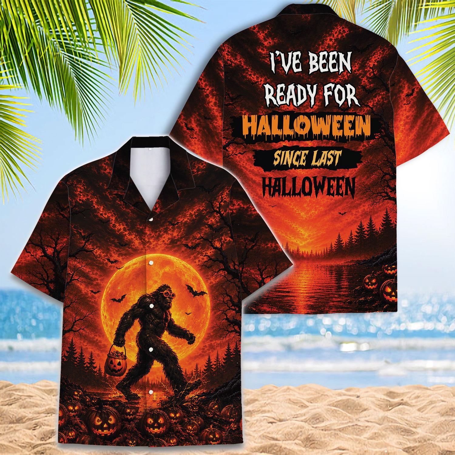 Front and back view of Halloween Hawaiian shirt with Bigfoot artwork and seasonal back lettering