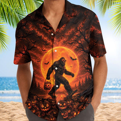 Model wearing Bigfoot Halloween Hawaiian shirt at the beach