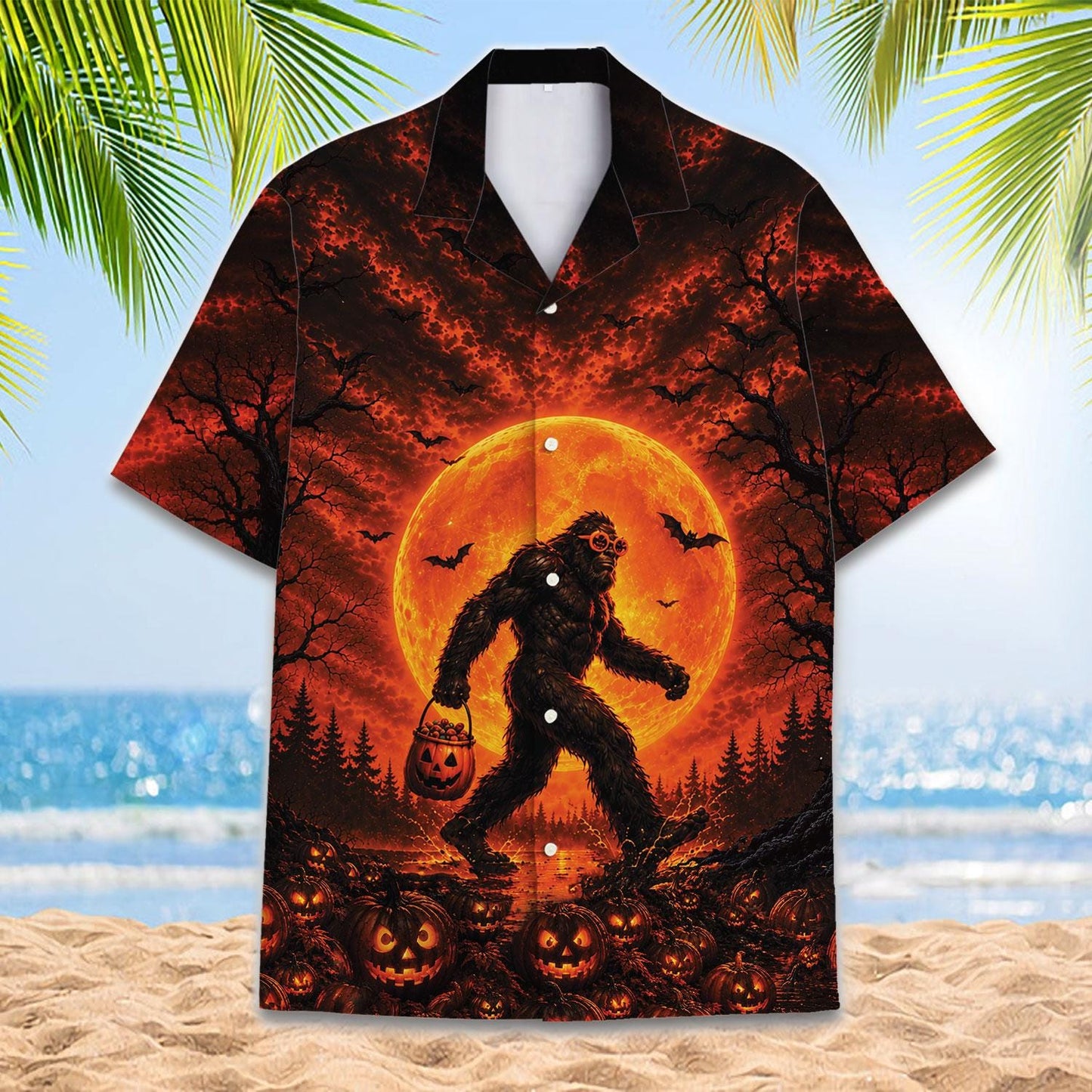 Front view of Halloween Hawaiian shirt with Bigfoot beneath a glowing full moon and jack-o'-lanterns
