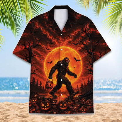 Front view of Halloween Hawaiian shirt with Bigfoot beneath a glowing full moon and jack-o'-lanterns