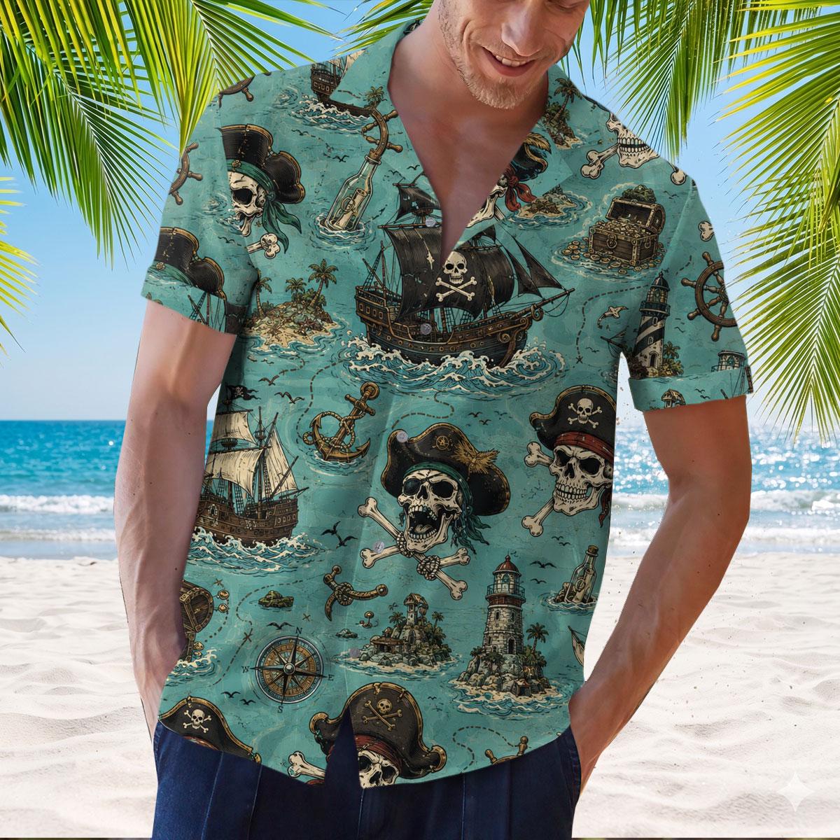 Model wearing turquoise skull and pirate ship Hawaiian shirt on a beach