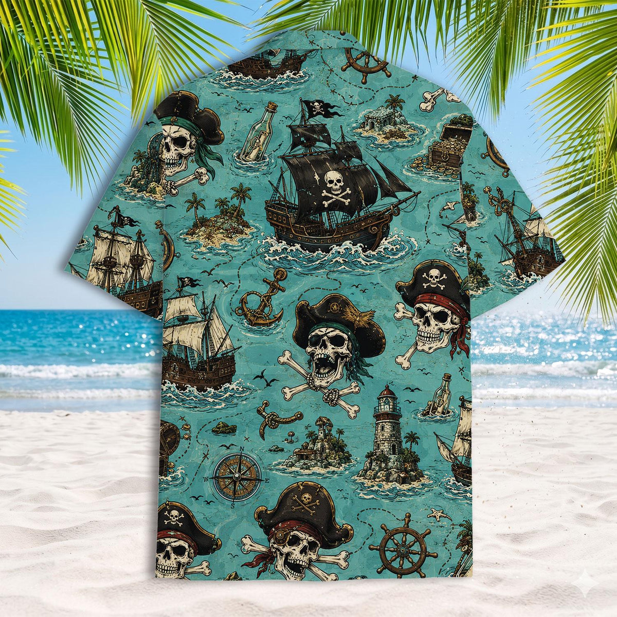 Turquoise pirate shirt featuring skull-and-crossbones characters, sailing ships, and lighthouses