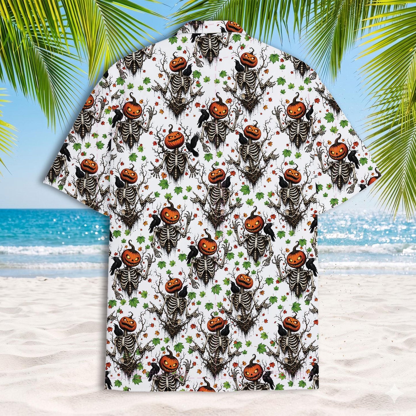 Short-sleeve Hawaiian shirt featuring repeating orange pumpkin skeletons