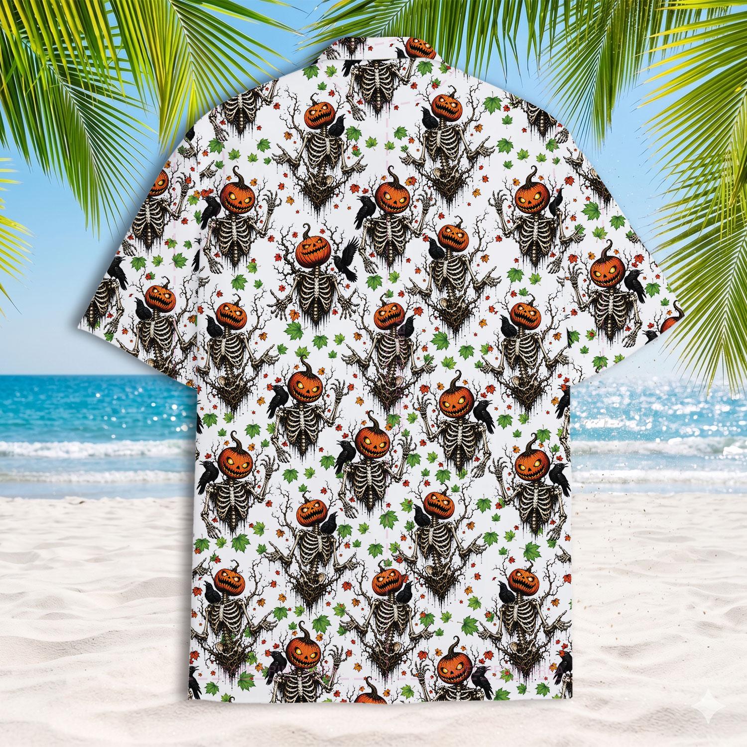 Short-sleeve Hawaiian shirt featuring repeating orange pumpkin skeletons