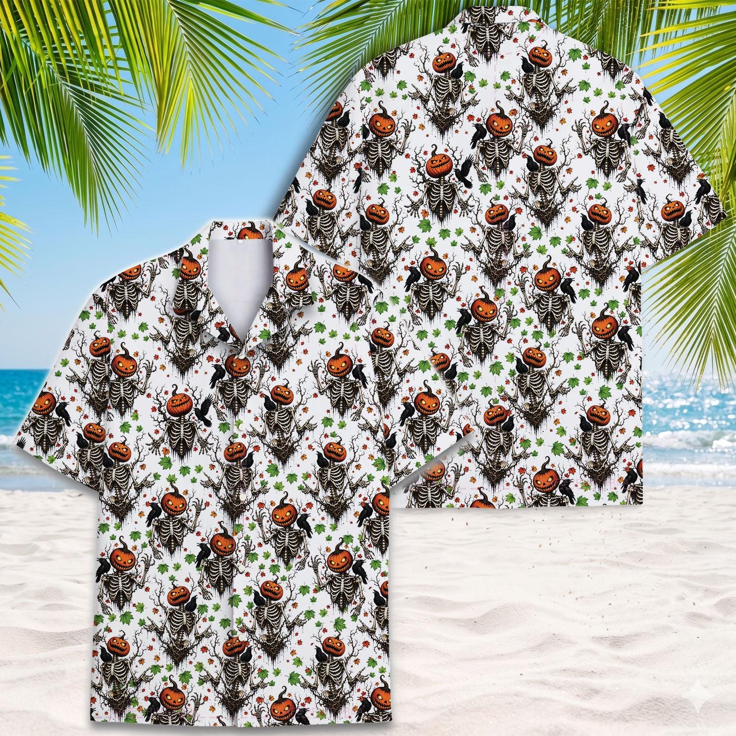 Front view of pumpkin skeleton Hawaiian shirt on a beach backdrop
