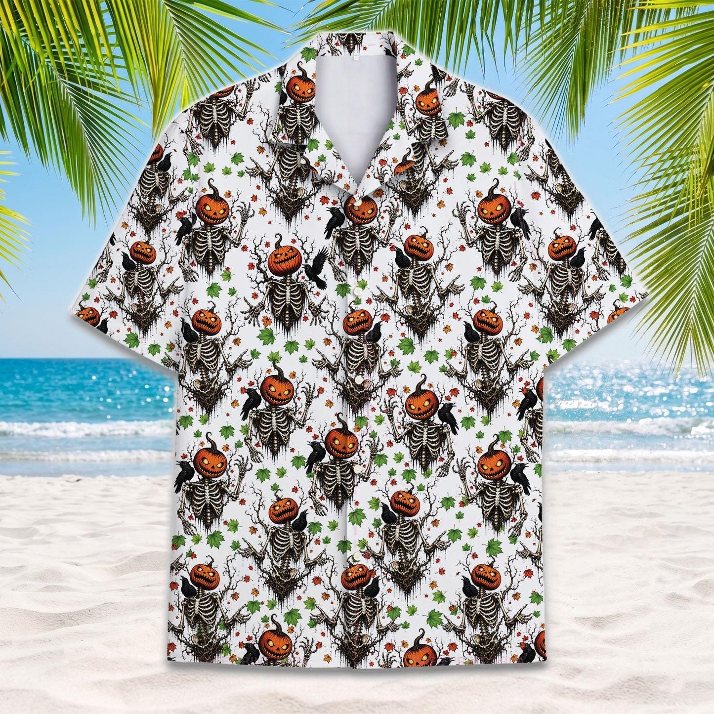 White Halloween Hawaiian shirt with pumpkin-headed skeleton print