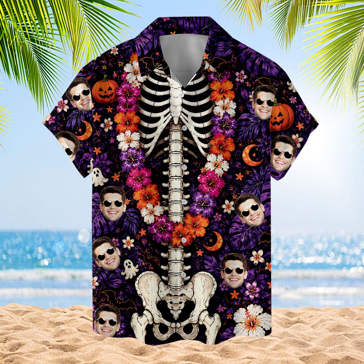 Front view of purple Halloween Hawaiian shirt with skeleton ribcage and floral print
