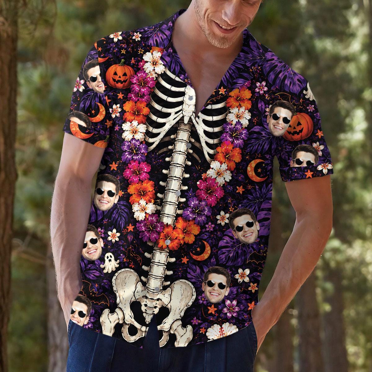 Model wearing Halloween skeleton Hawaiian shirt outdoors