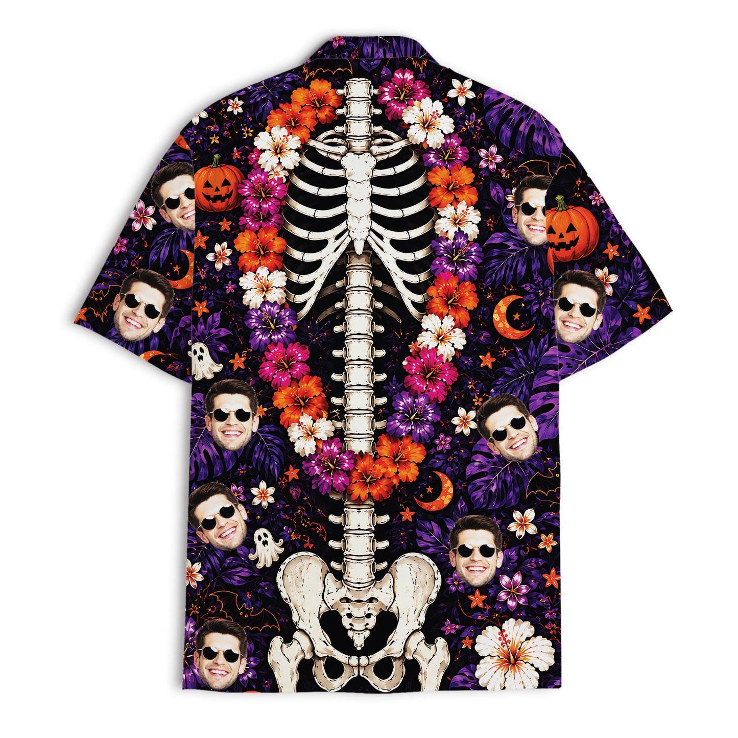 Flat lay style view of Halloween skeleton Hawaiian shirt with floral pattern