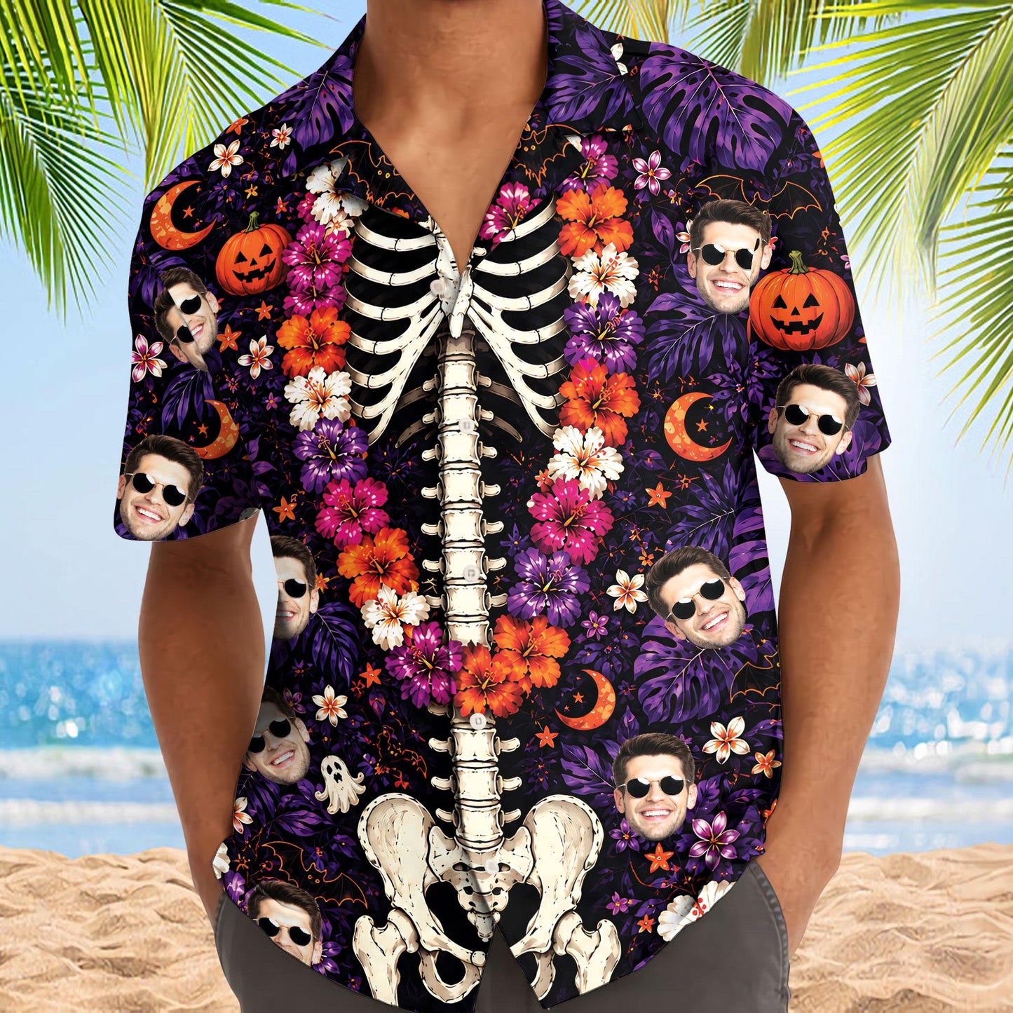 Model wearing purple skeleton floral Hawaiian shirt at the beach