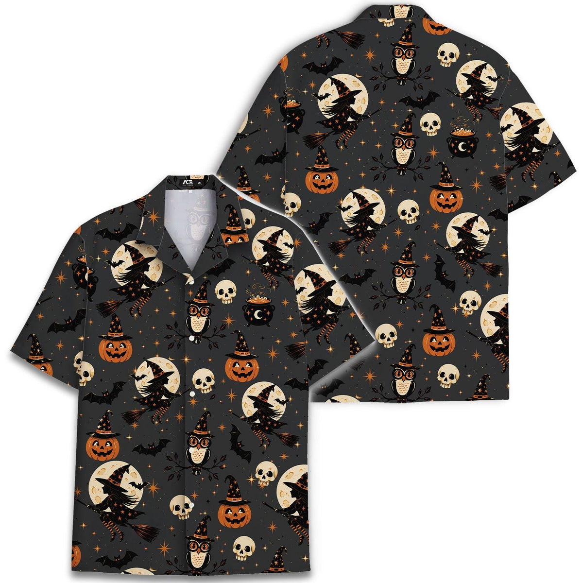 Front and back views of spooky Halloween Hawaiian shirt with all-over witch print