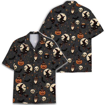 Front and back views of spooky Halloween Hawaiian shirt with all-over witch print