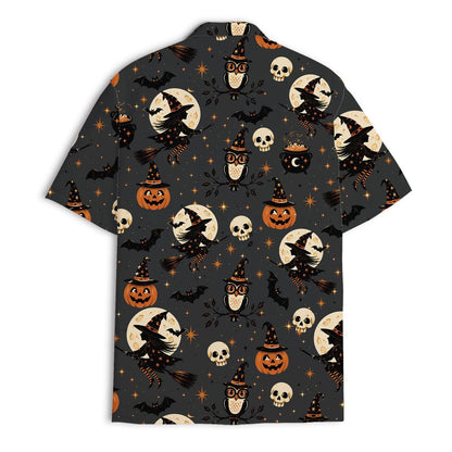 Back view of charcoal Hawaiian shirt with witches, pumpkins, bats, and moon motifs