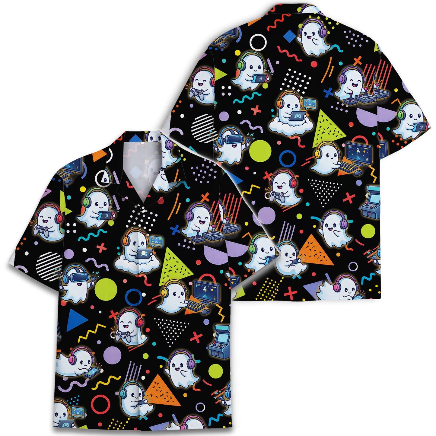 Black ghost gamer Hawaiian shirt shown with a matching printed garment