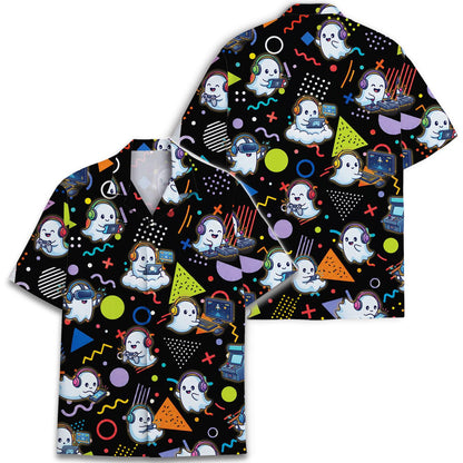 Black ghost gamer Hawaiian shirt shown with a matching printed garment