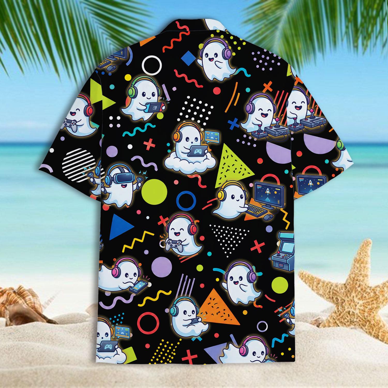 Close front view of a colorful ghost gaming print Hawaiian shirt