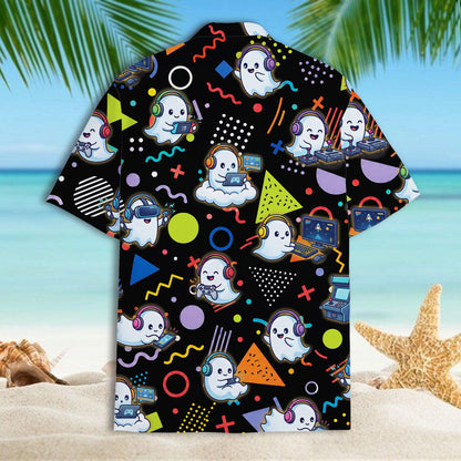 Close front view of a colorful ghost gaming print Hawaiian shirt