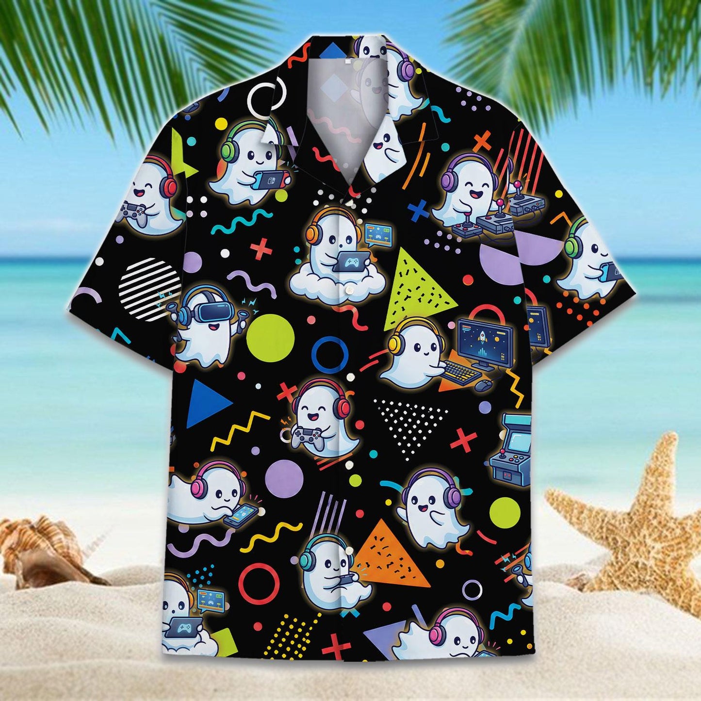 Front view of a black ghost gamer Hawaiian shirt with short sleeves and an open collar