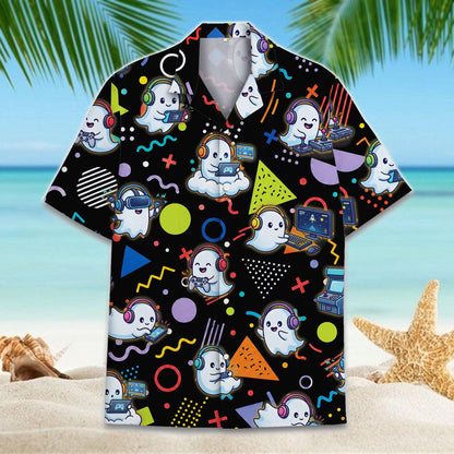 Front view of a black ghost gamer Hawaiian shirt with short sleeves and an open collar