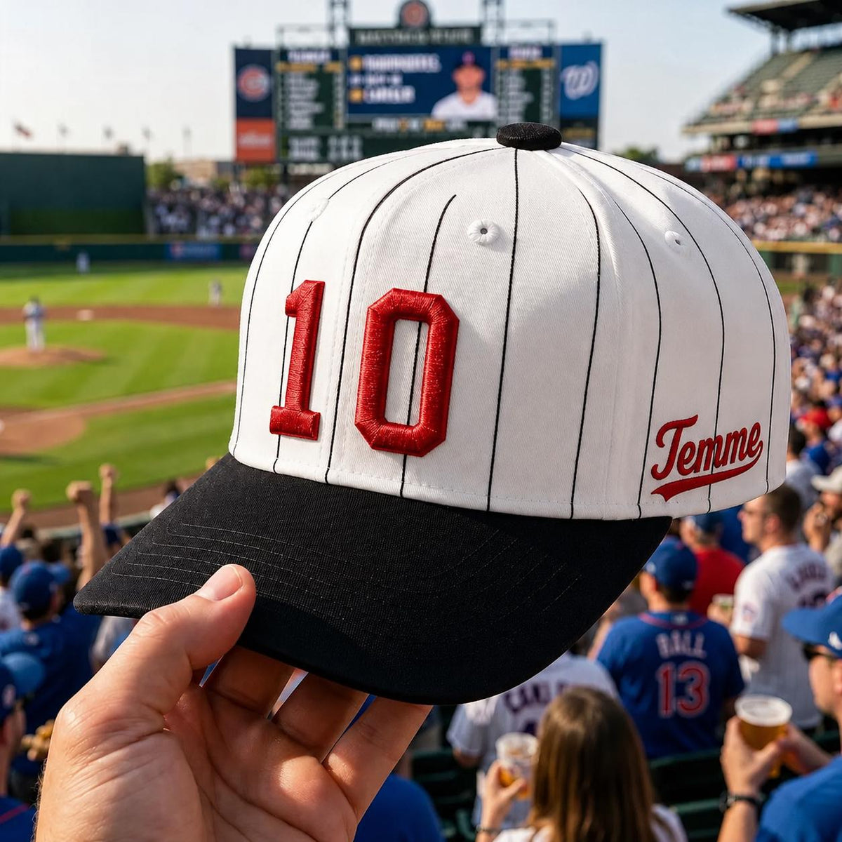 White pinstripe baseball hat with black brim, red embroidered number 10, and Jemma name detail