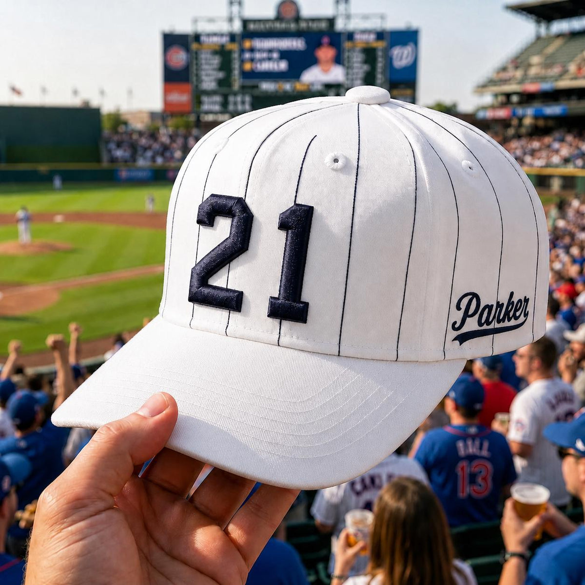White pinstripe baseball hat with white brim, embroidered number 21, and Parker name detail