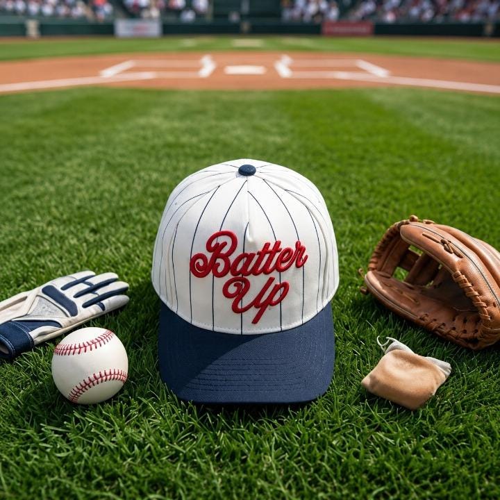 Batter Up pinstripe baseball hat displayed on a baseball field beside a glove and baseball