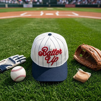 Batter Up pinstripe baseball hat displayed on a baseball field beside a glove and baseball