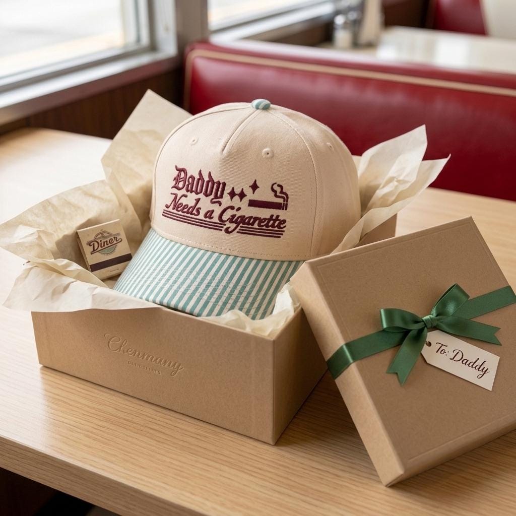Embroidered statement hat presented in a gift box with ribbon