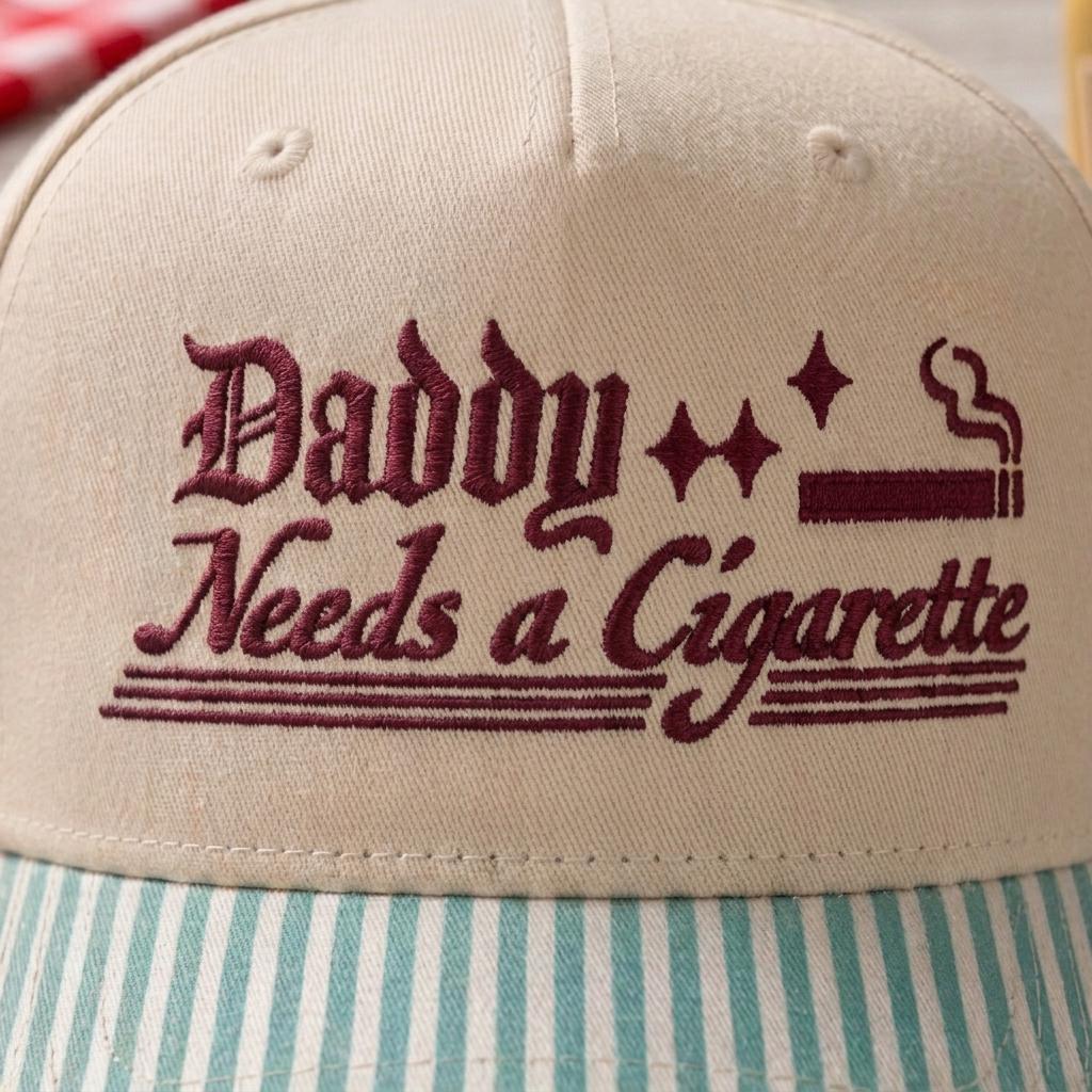 Close-up of burgundy Daddy Needs a Cigarette embroidery on a khaki hat