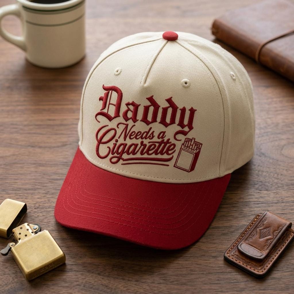 Two-tone cream and red embroidered hat reading Daddy Needs a Cigarette