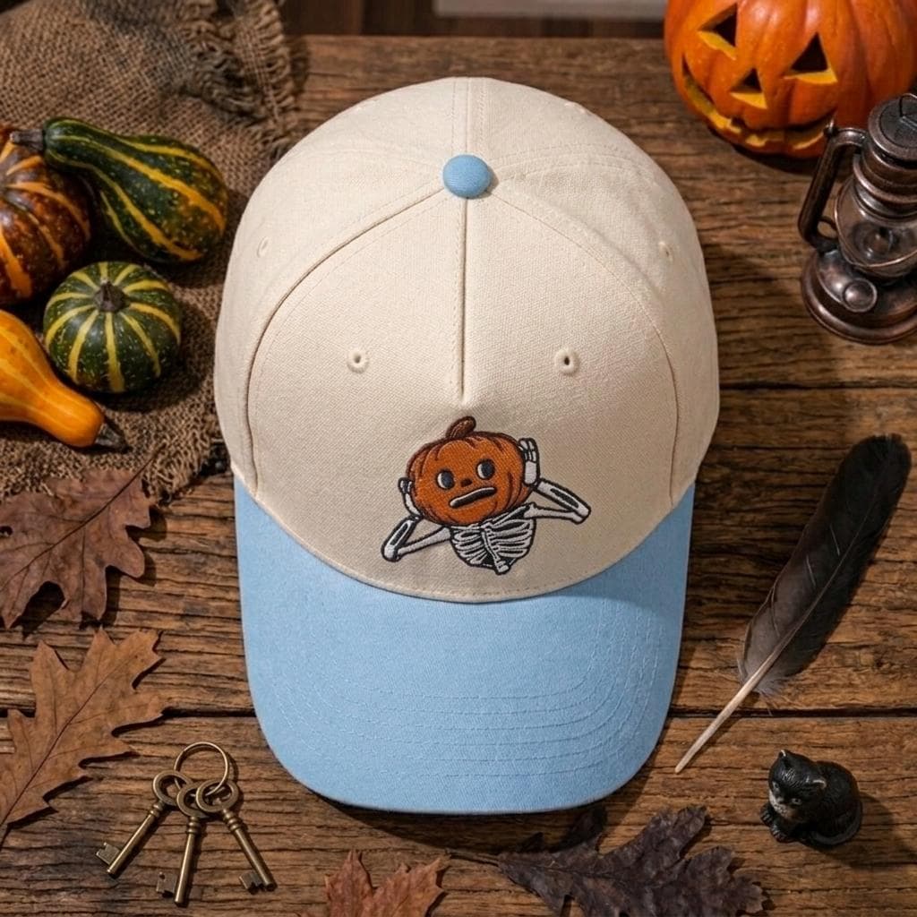 Top view of cream and light blue cap showing pumpkin skeleton embroidery